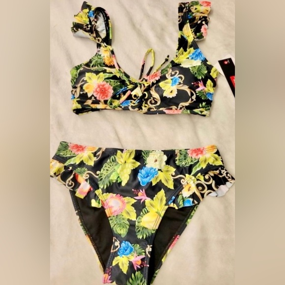 Other - BIKINI RETRO MID WAIST RUFFLE SLEEVES BLACK FLORAL PRINT